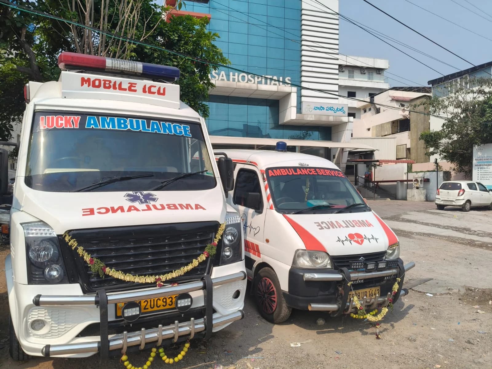 Best Ambulance Service Mobile ICU ambulances outside a Hyderabad hospital